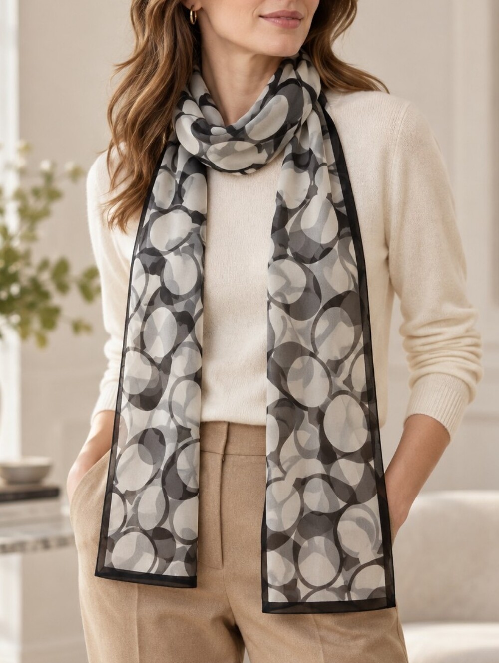 Coach Signature C Long Scarf Black Gray Sheer 11 x 60 Inches With Pouch